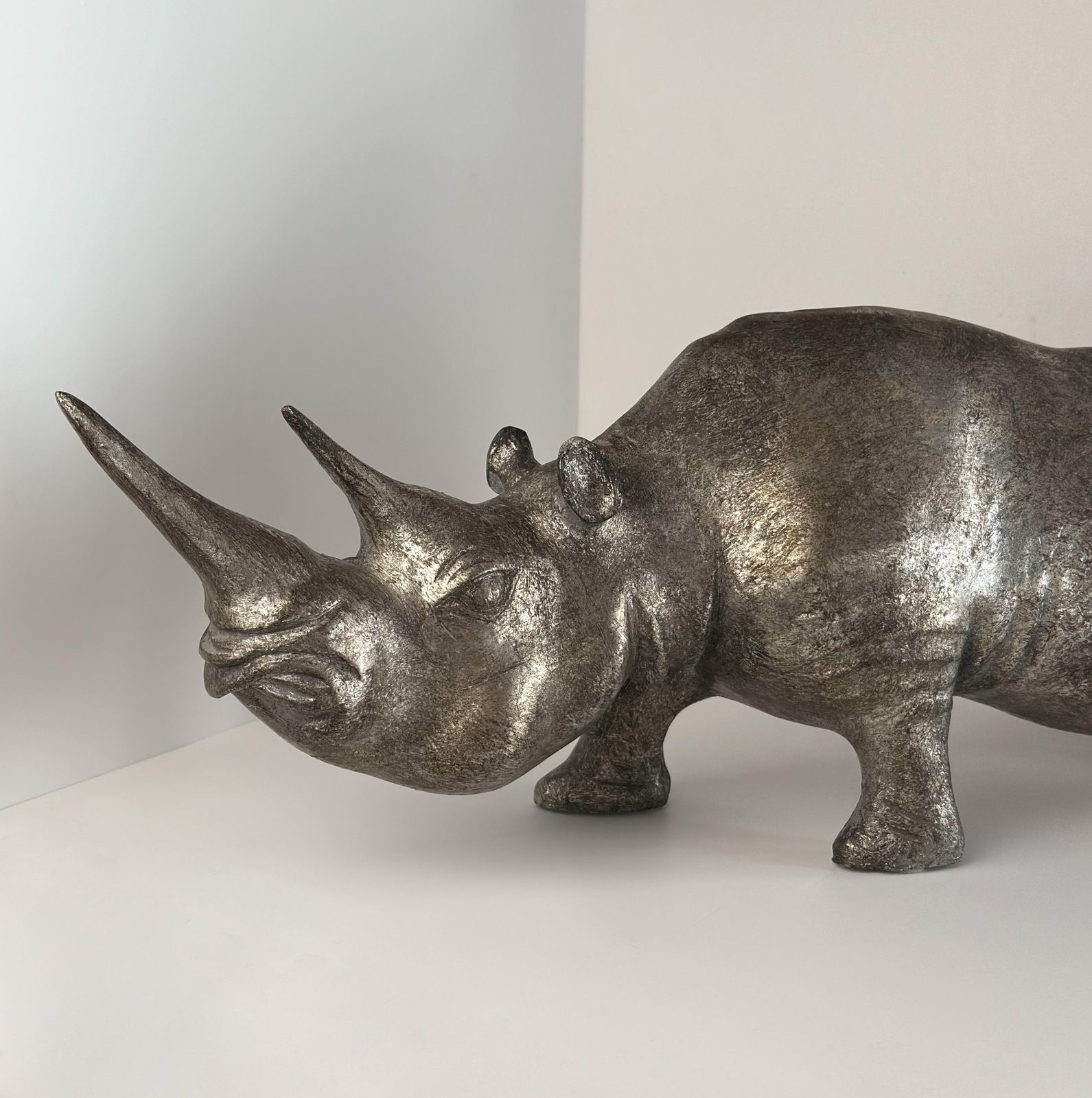 Decorative Rhino Sculpture, Platinum Toned Metallic Finish C 1980s photo Art