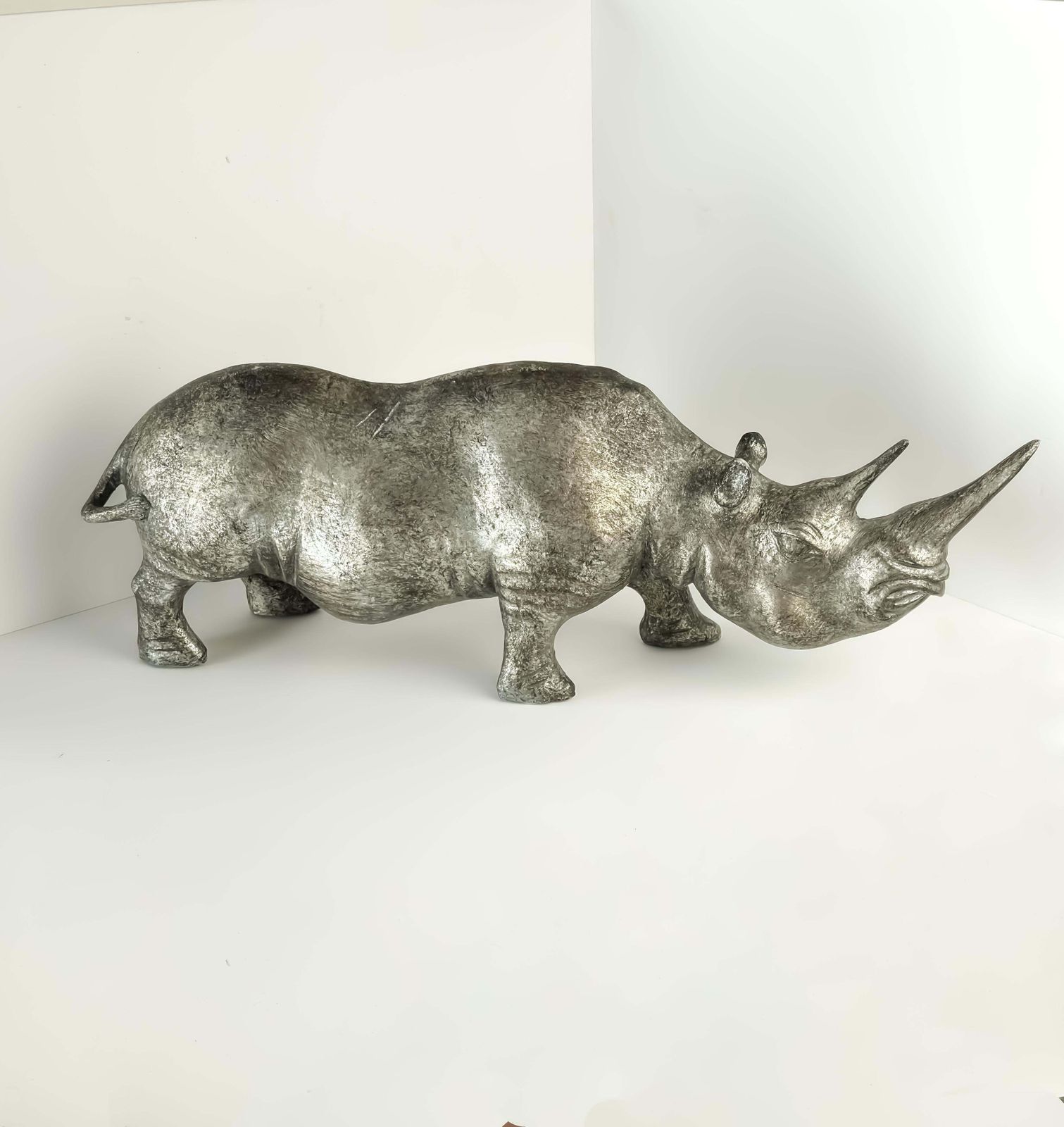Decorative Rhino Sculpture, Platinum Toned Metallic Finish C 1980s photo vinterior