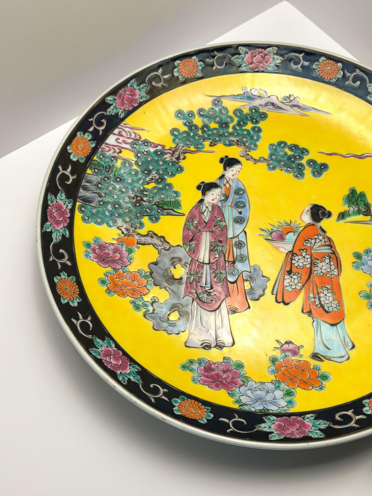 Japanese Yellow And Black Chinoiserie Style Porcelain Charger Plate 1930s photo furniture