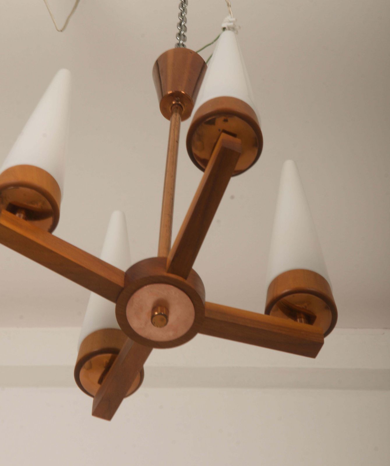 Mid Century Walnut Brass Copper Chandelier By Rupert Nikoll photo Lighting
