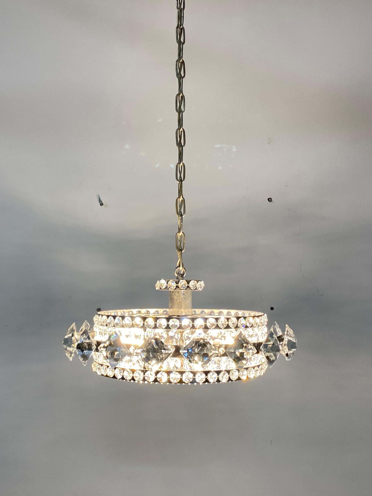 photo for sale Chromed Brass And Glass Chandelier By Orrefors From The 1960s