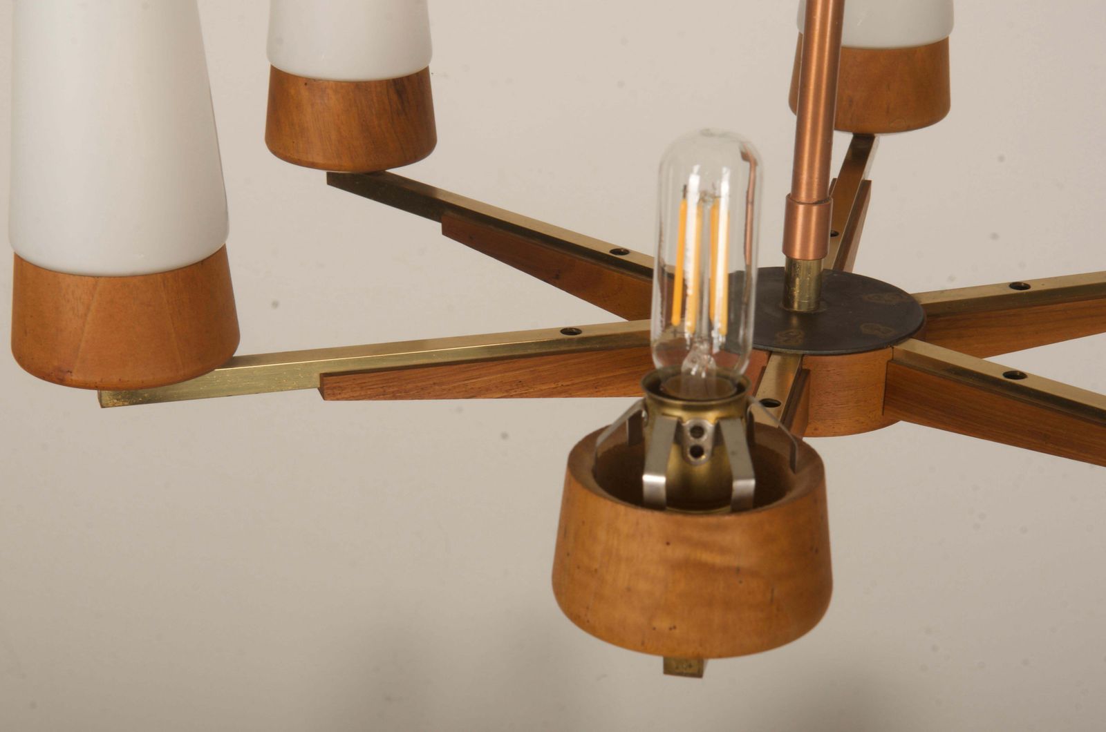 1329.0 Mid Century Walnut Brass Copper Chandelier By Rupert Nikoll photo