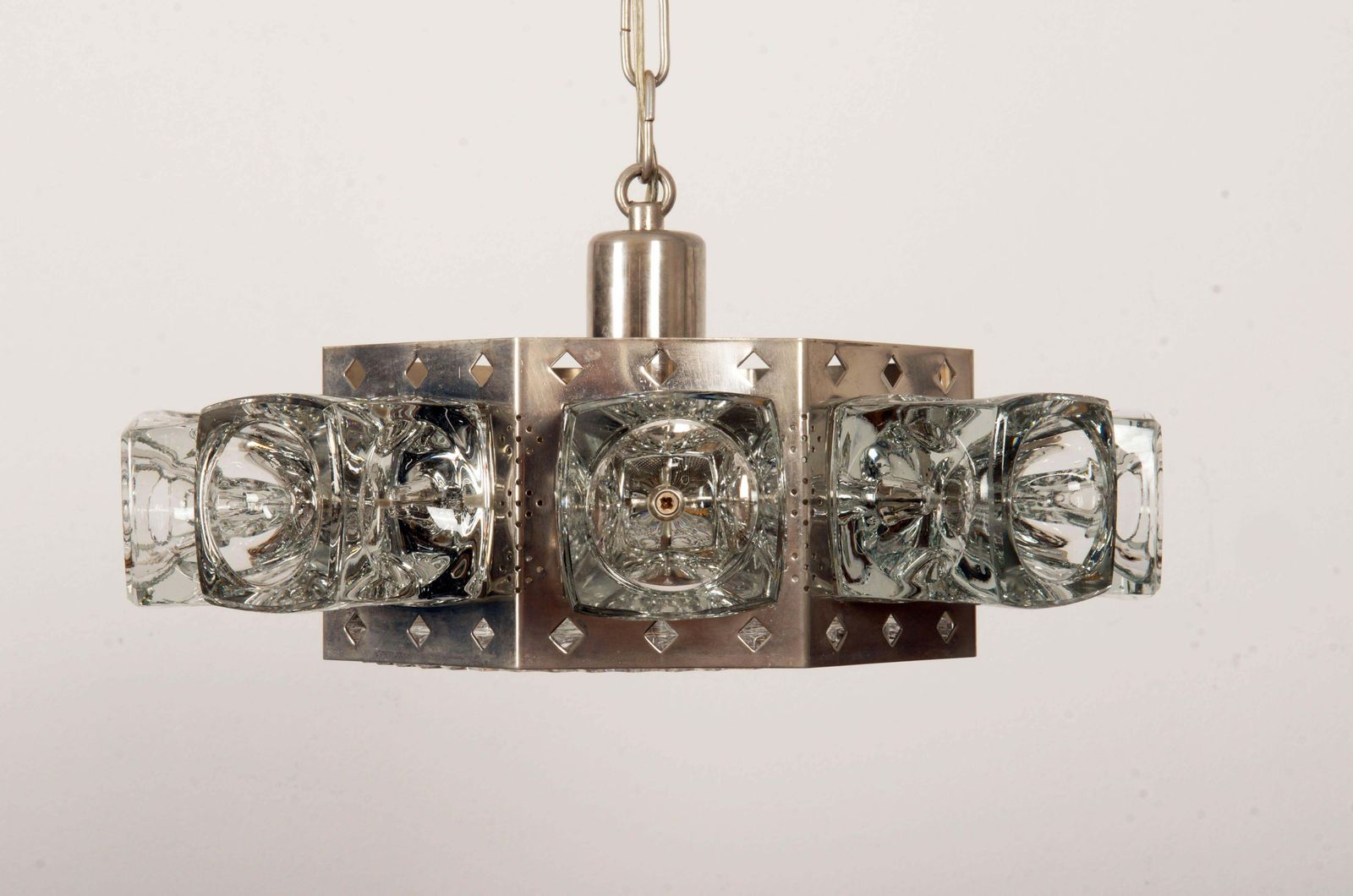 Lighting Danish Midcentury Glass, Brass Chandelier By Vitrika photo