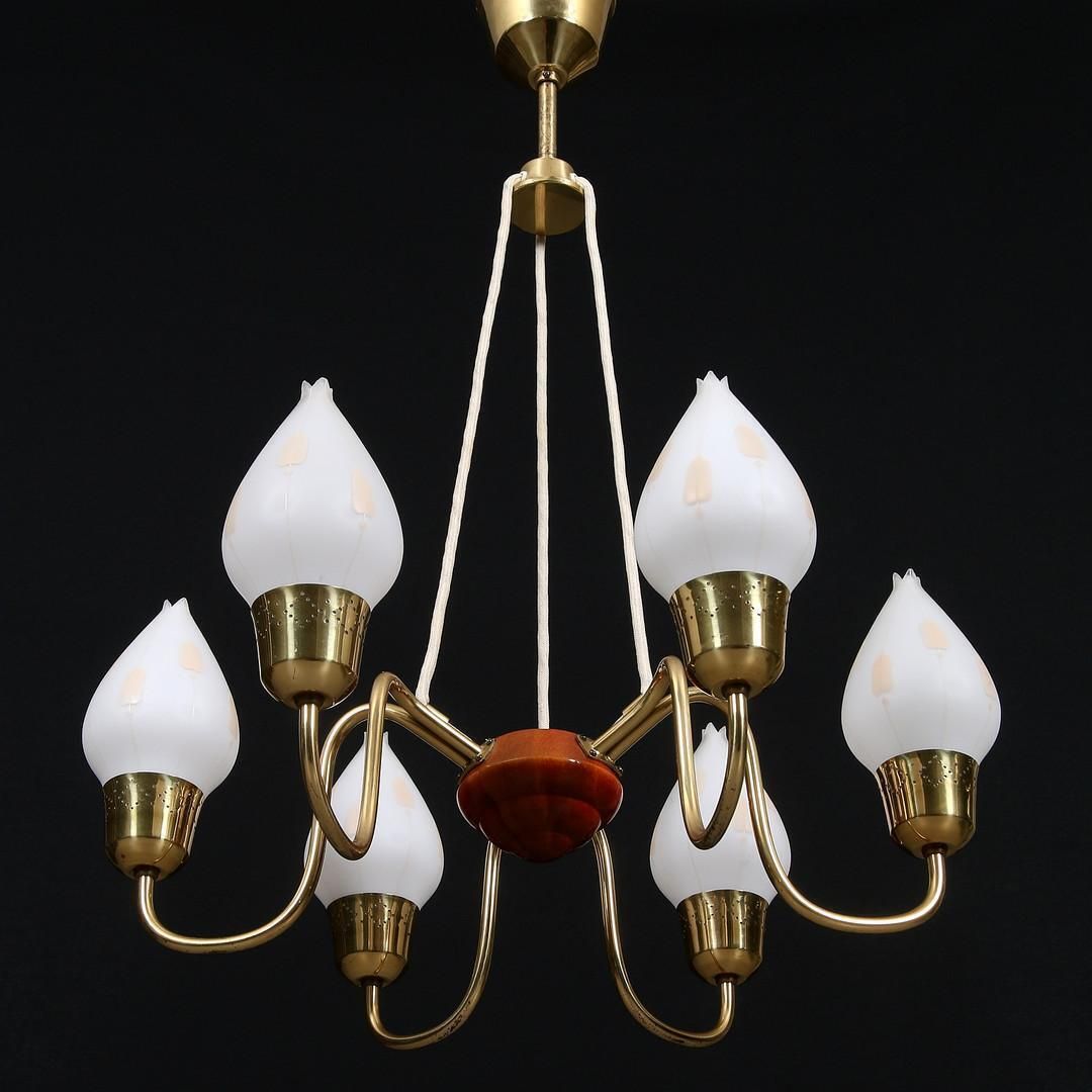Fog & Mørup Brass Chandelier With Opaline Glass Shades photo for sale