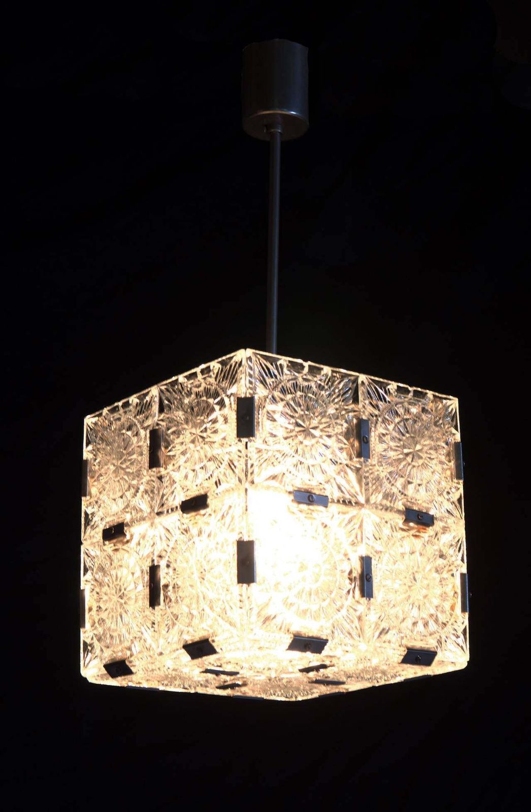 Mid Century Cube Form Pendant Ceiling Fixture Featuring Etched Glass By Kalmar photo Lighting