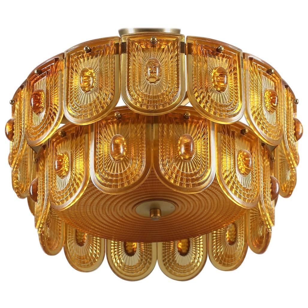 Beautiful Midcentury Brass Chandelier With Orange Glasses