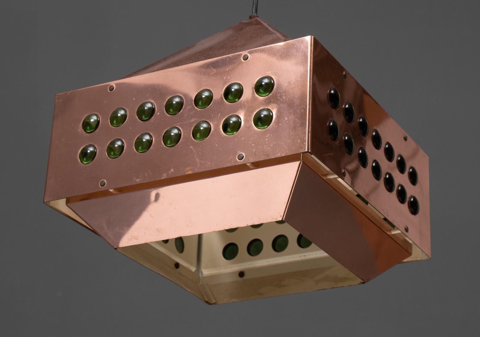 Vierkante Koperen Hanglamp Met Groen Glas – Hans Agne Jakobsson, Ed. Markaryd, Ca. Jaren 1960 photo Verlichting