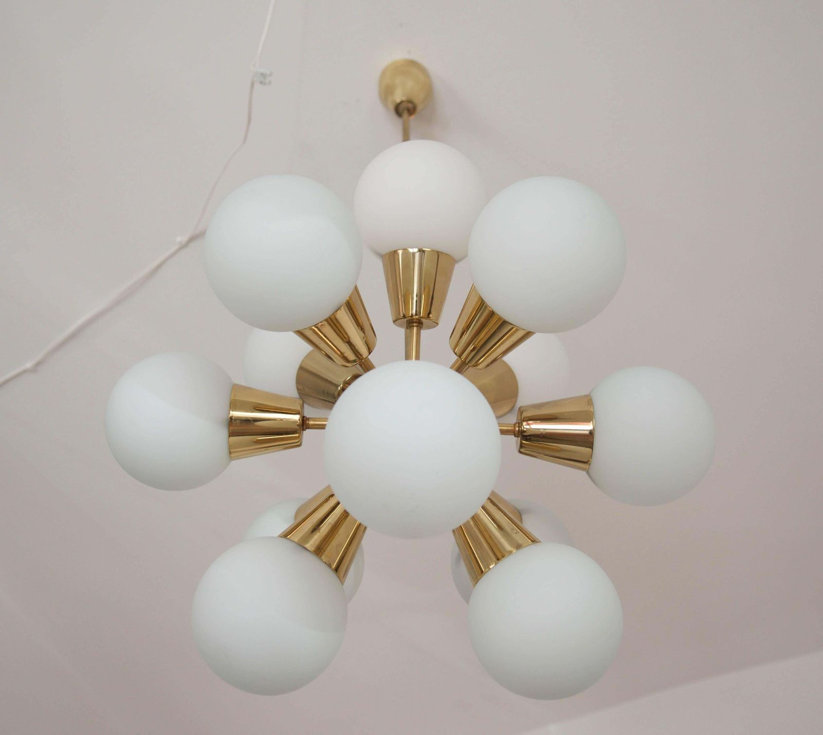 Sputnik Brass Chandelier With 12 Opaline Glass Shades photo for sale