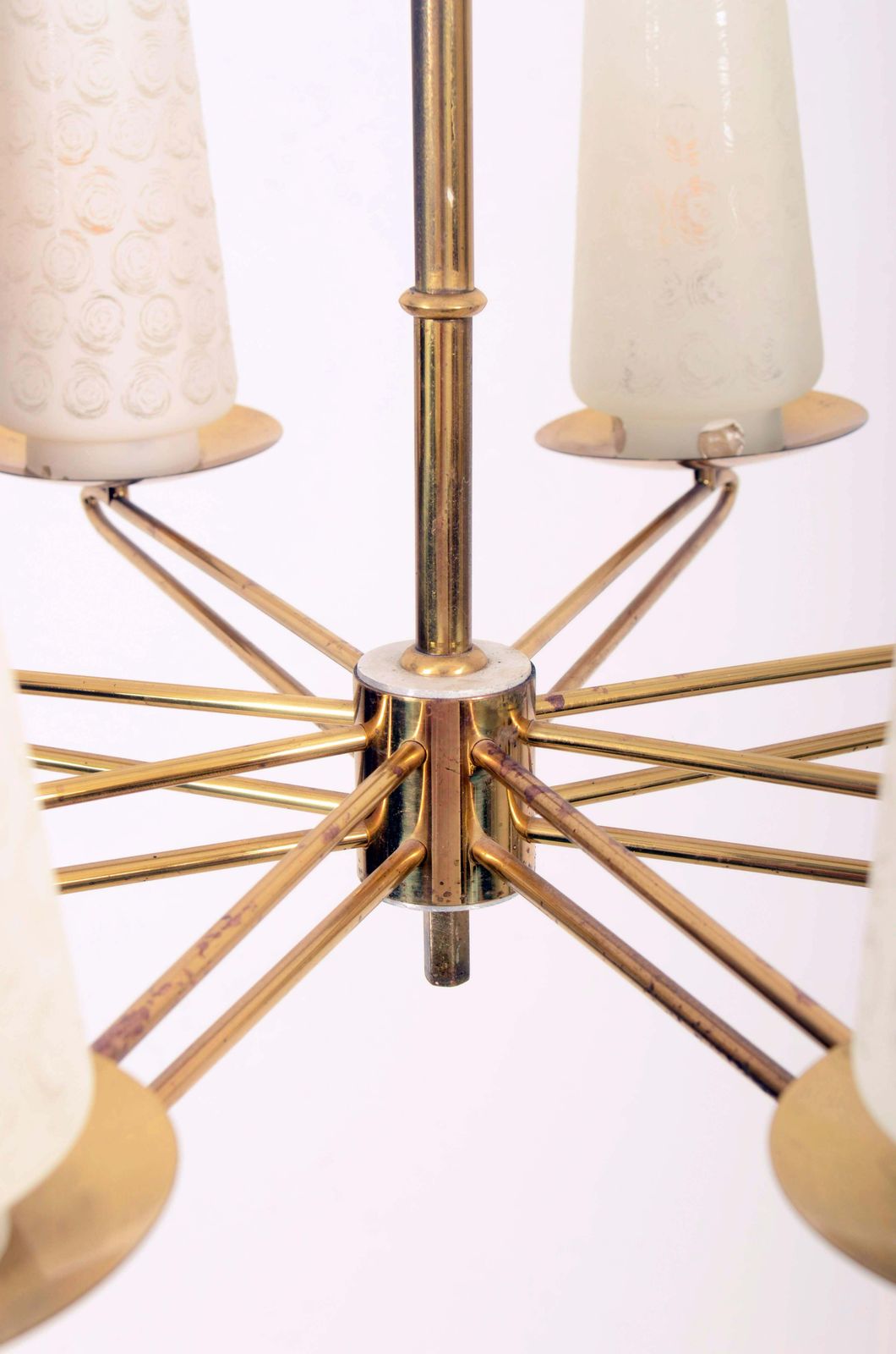 Midcentury Brass Opaline Glass Chandelier By Rupert Nikoll photo vintage
