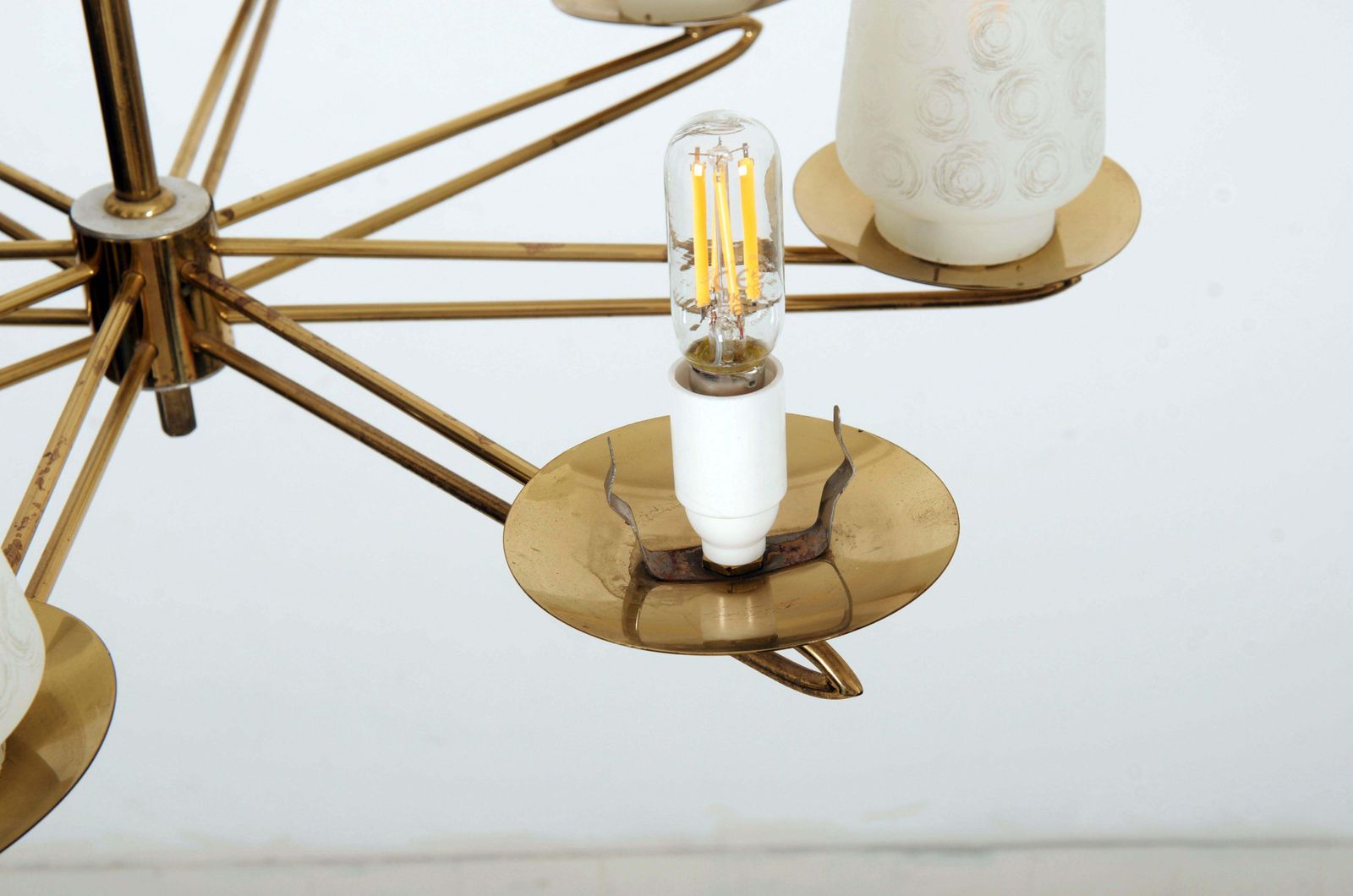 photo for sale Midcentury Brass Opaline Glass Chandelier By Rupert Nikoll
