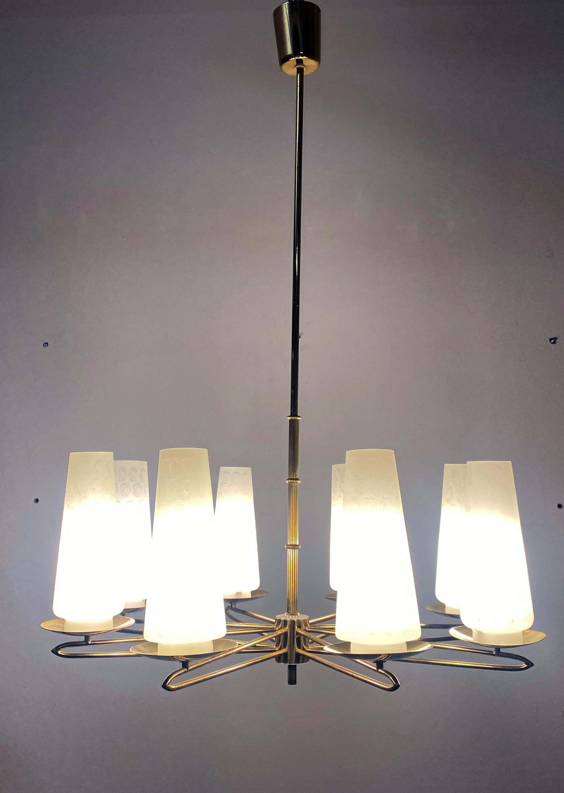 Lighting Midcentury Brass Opaline Glass Chandelier By Rupert Nikoll photo