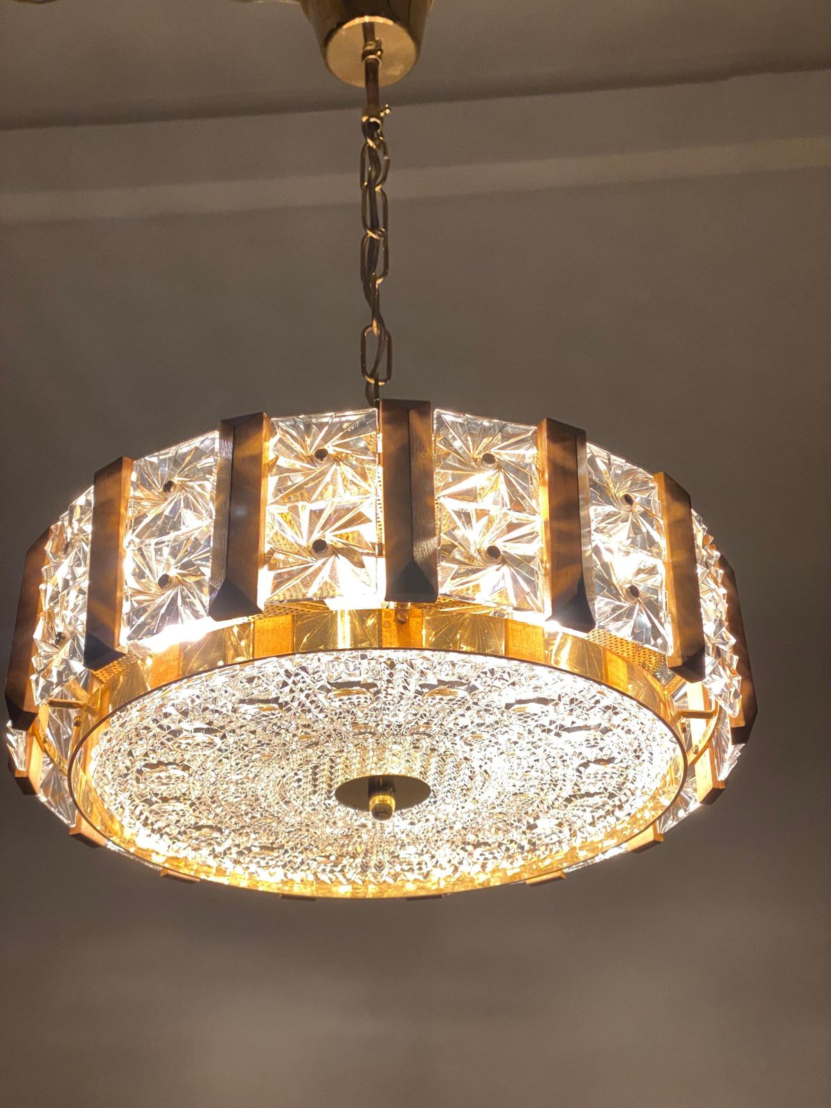 photo vintage Carl Fagerlund For Orrefors Glass, Brass And Teak Chandelier
