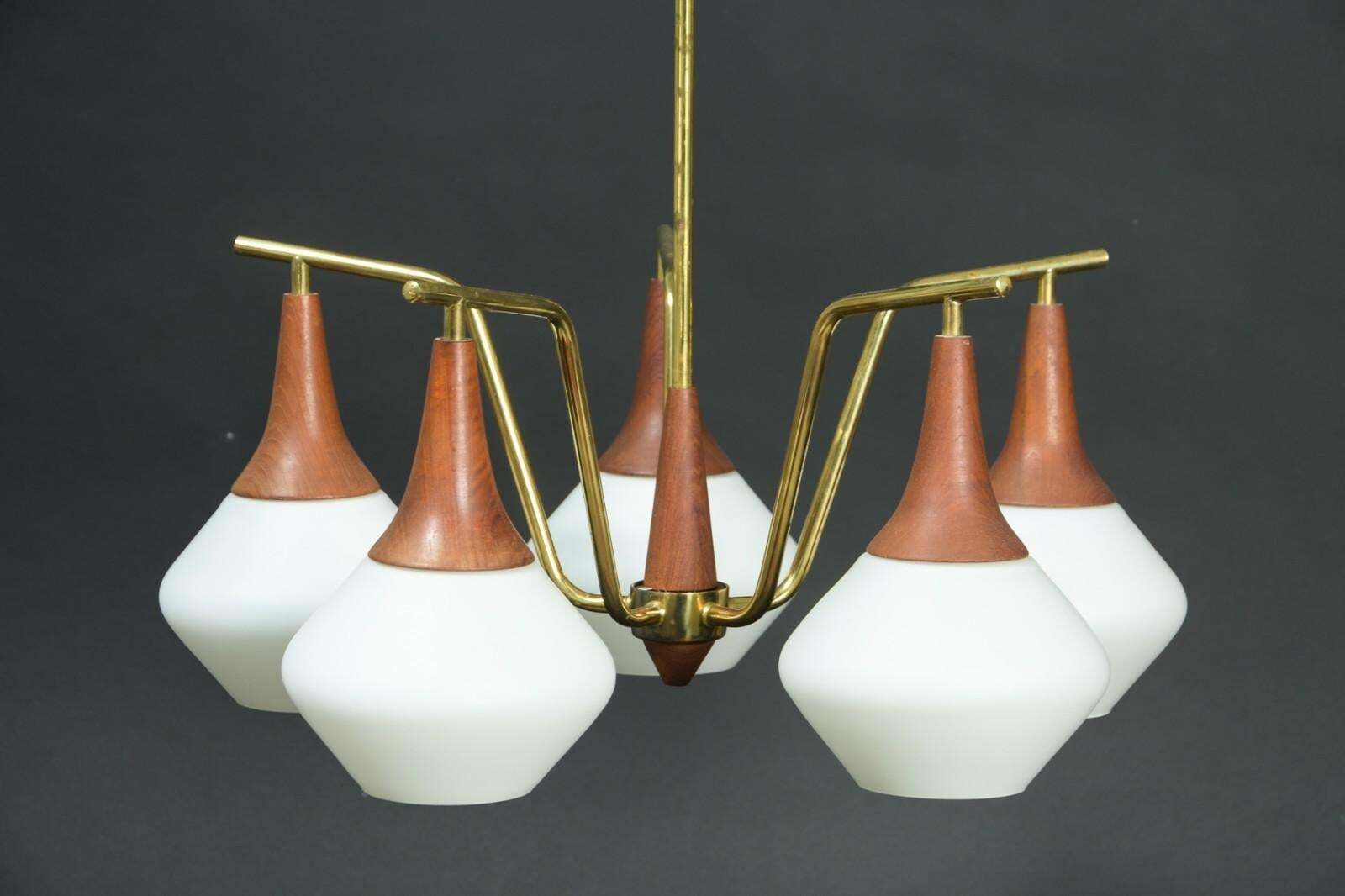 Brass/Teak Midcentury Chandelier With Opaline Glass Shades photo furniture