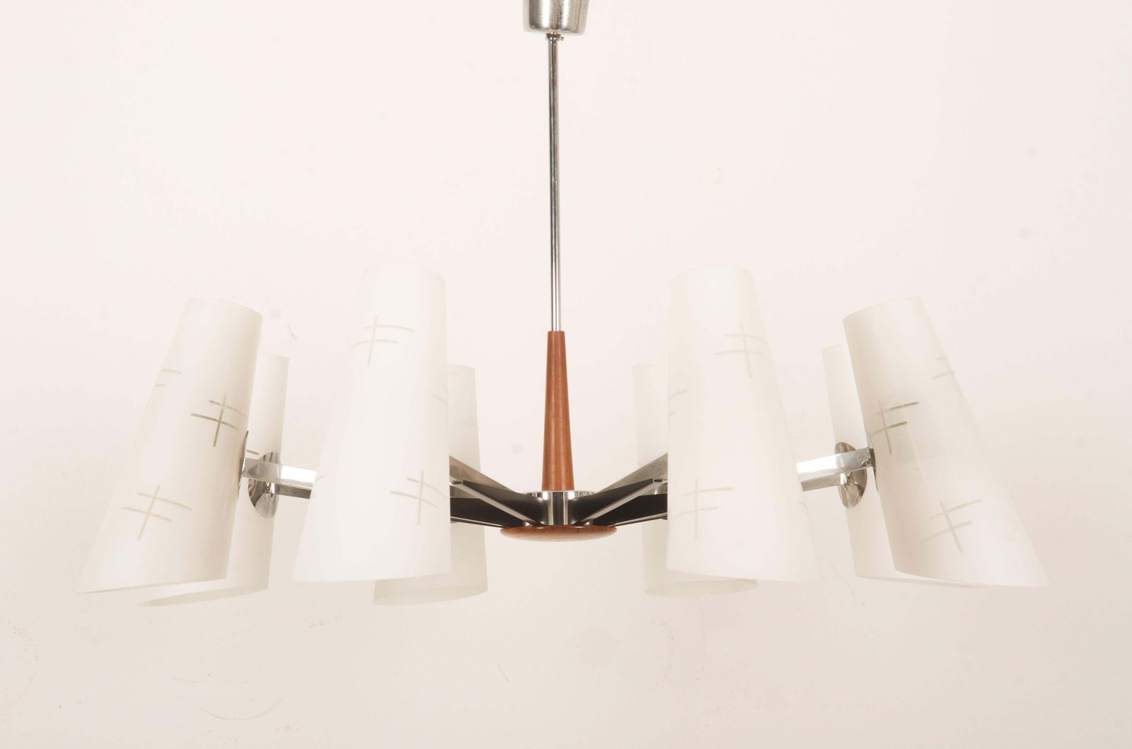Midcentury Chromed Opaline Glass Chandelier By Rupert Nikoll photo for sale