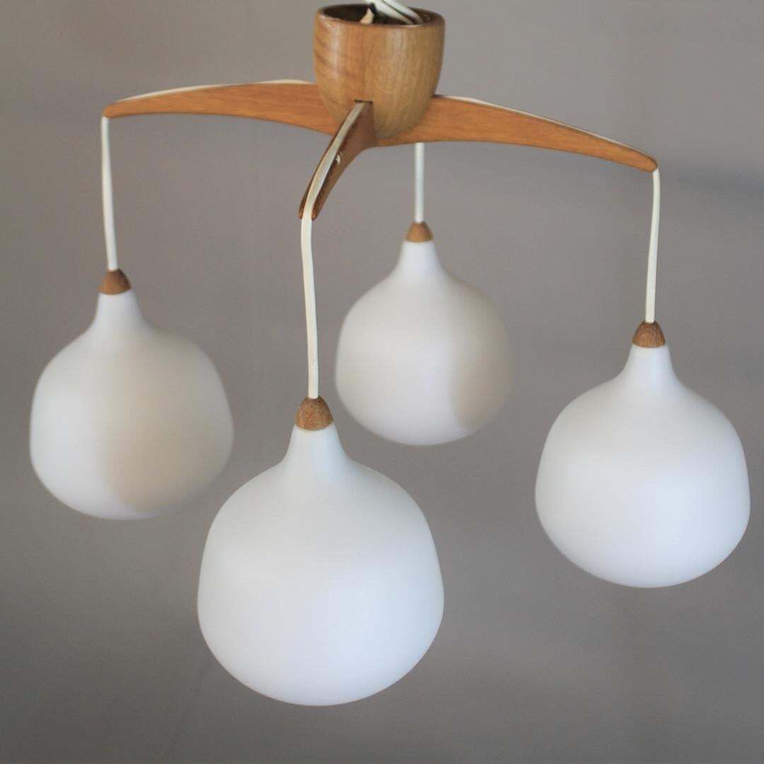 Uno & östen Kristiansson For Luxus Sweden Teak Chandelier Opaline Glass Shades photo furniture