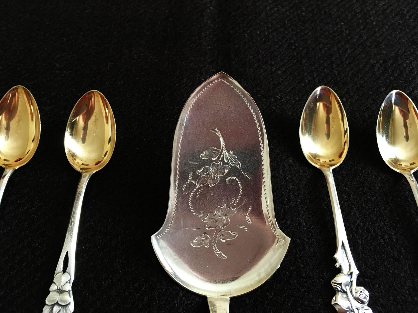 French Silver And Gold Tea Or Coffee Spoons With Cake Server photo for sale