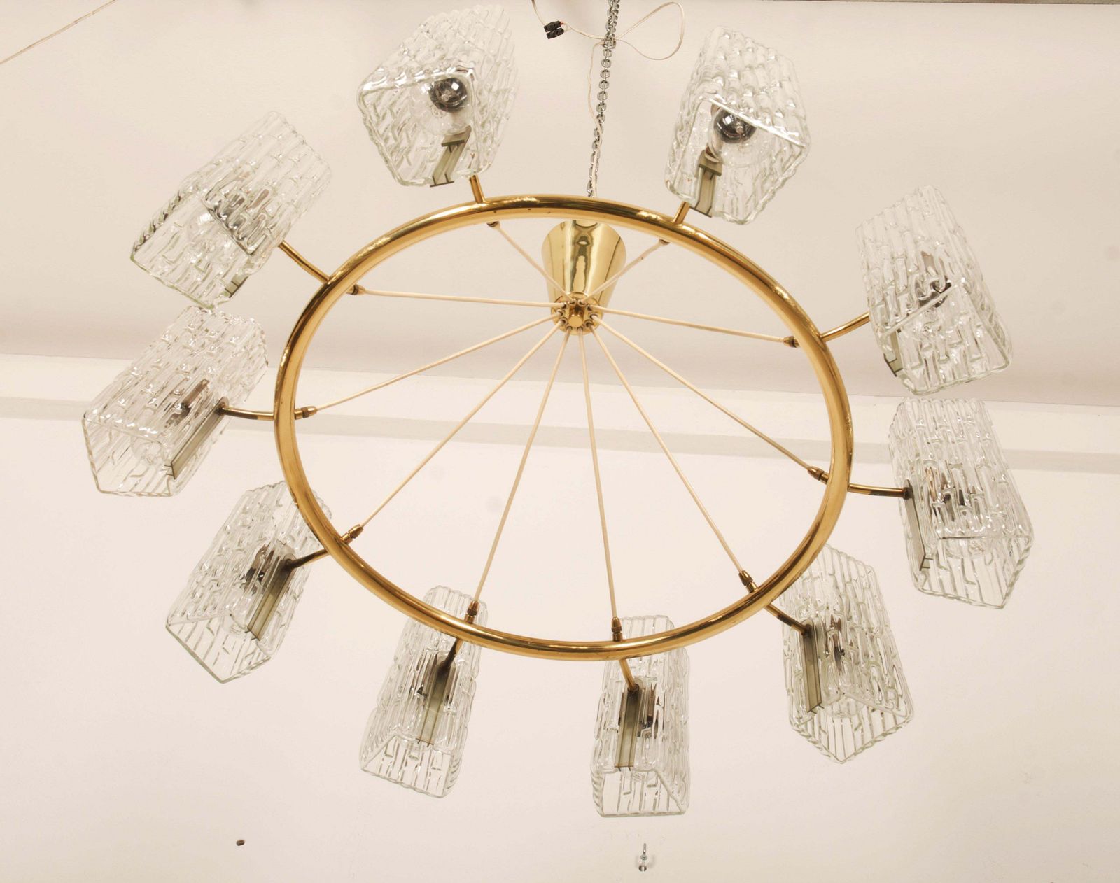 Huge Midcentury Brass Chandelier With Pressed Glass Shades By Rupert Nikoll photo vinterior
