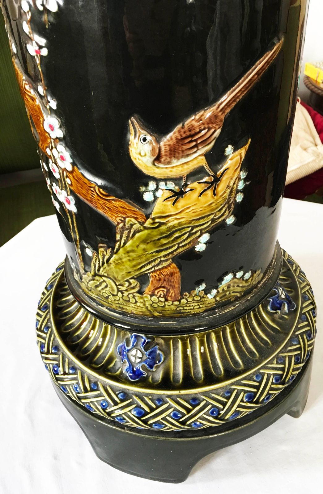 Huge Ceramic Column Flower Stand With Asian Motifs photo for sale