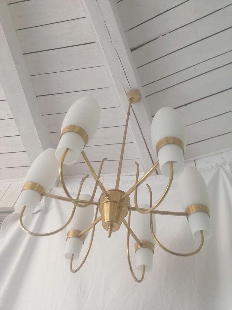 Brass And Opaline Glass Chandelier By Rupert Nikoll photo for sale