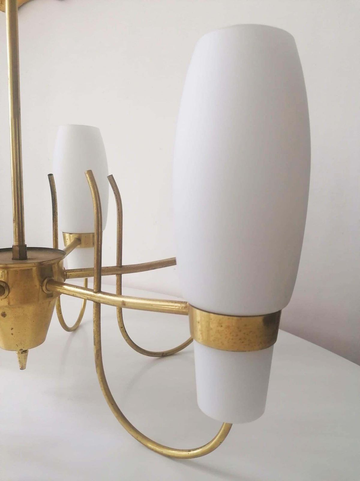 Brass And Opaline Glass Chandelier By Rupert Nikoll photo buy