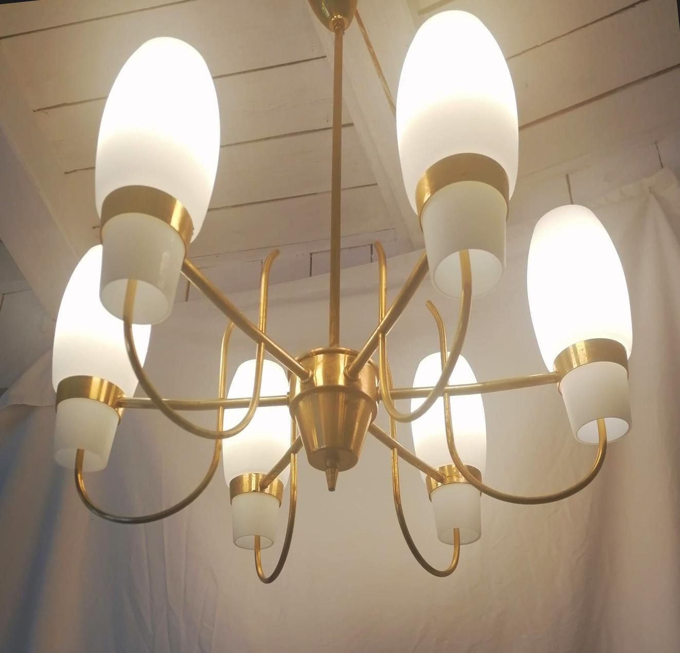 photo vinterior Brass And Opaline Glass Chandelier By Rupert Nikoll