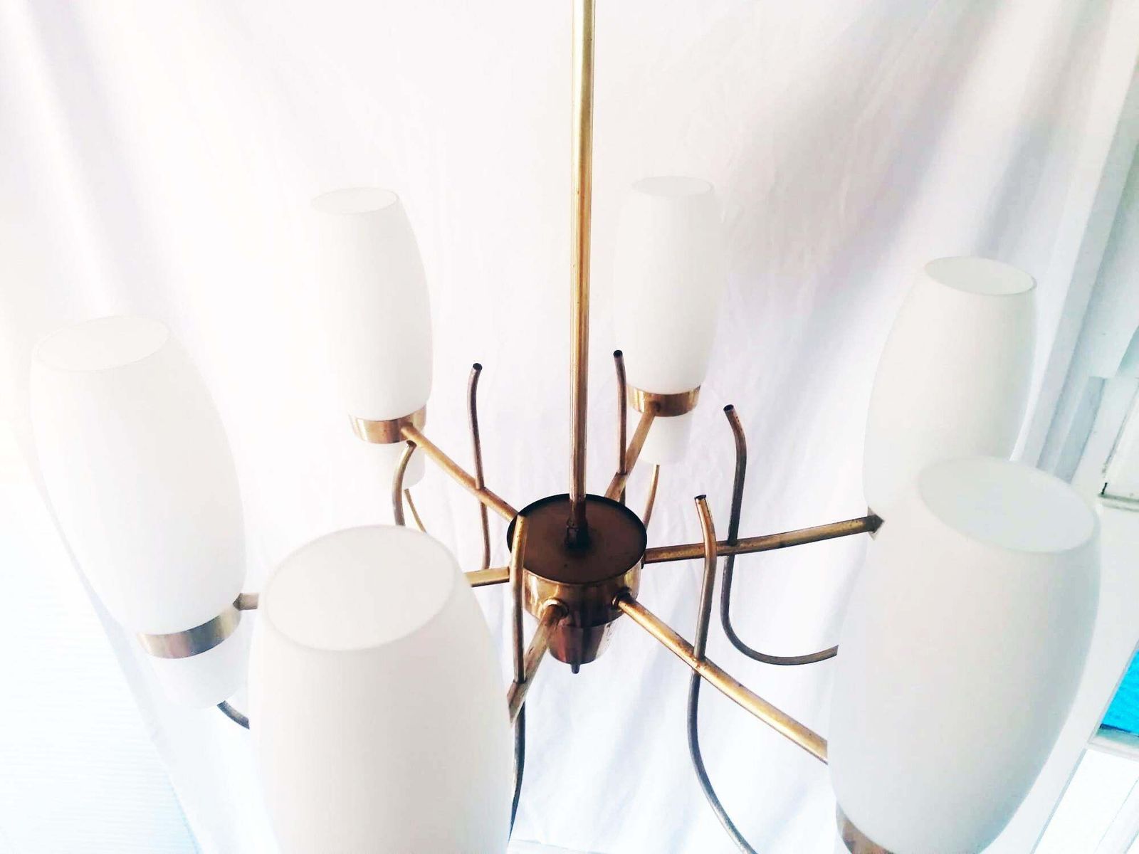 photo buy Brass And Opaline Glass Chandelier By Rupert Nikoll