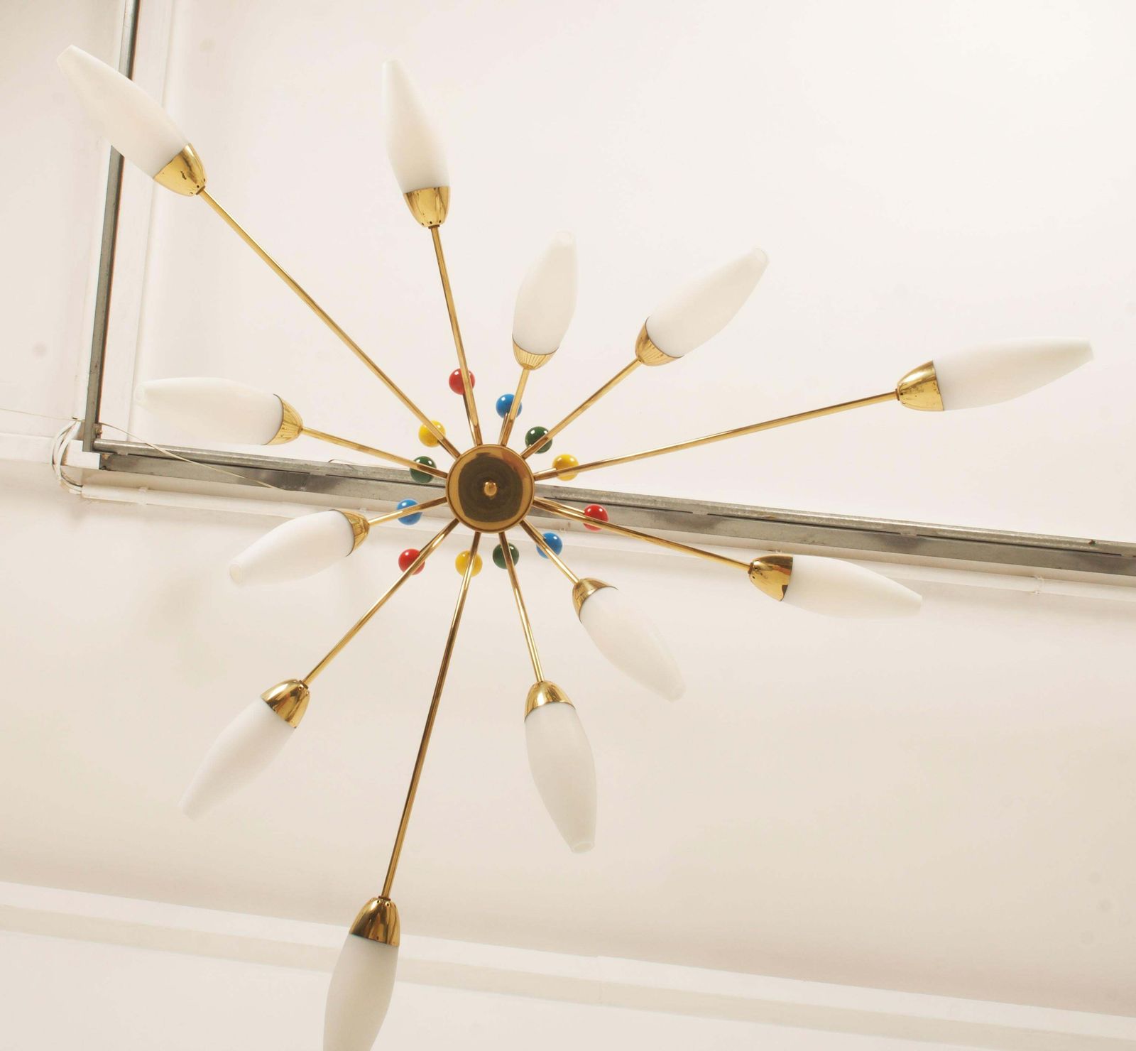 Midcentury Brass Opaline Glass Chandelier By Rupert Nikoll photo vinterior