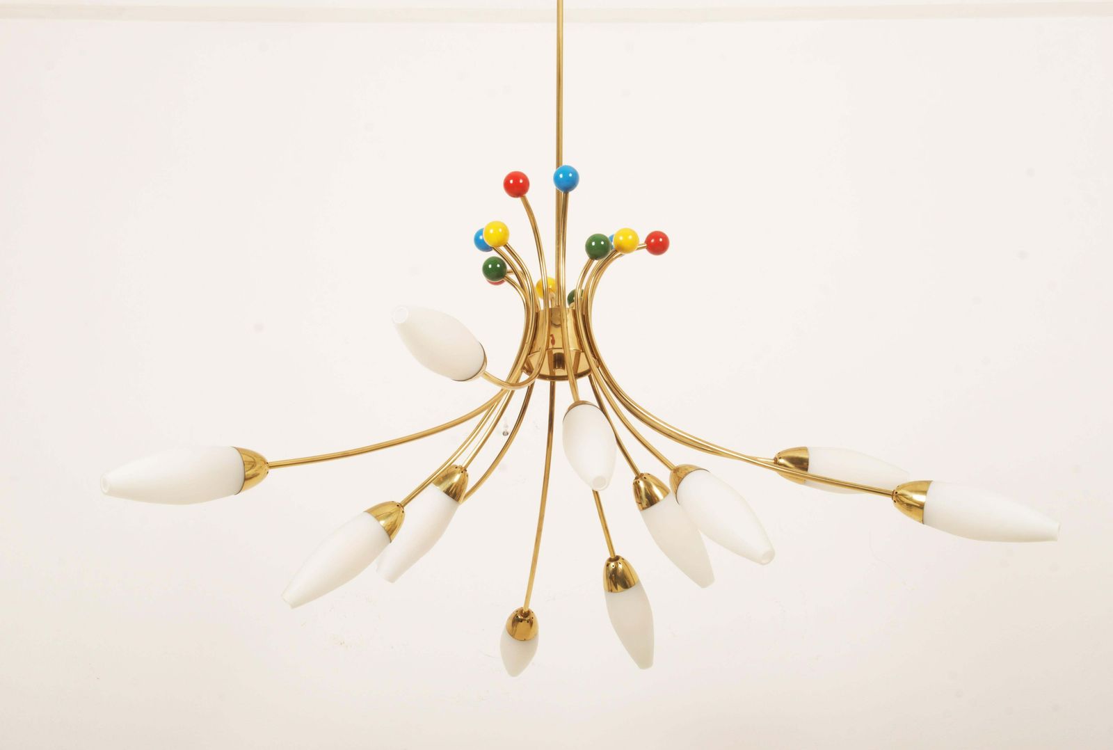 photo vintage Midcentury Brass Opaline Glass Chandelier By Rupert Nikoll