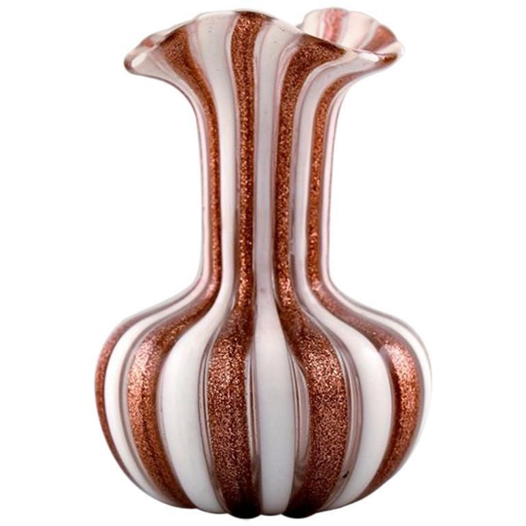 "Zanfirico" Murano, Brown And White Striped Vase In Mouth Blown Art Glass, 1960s