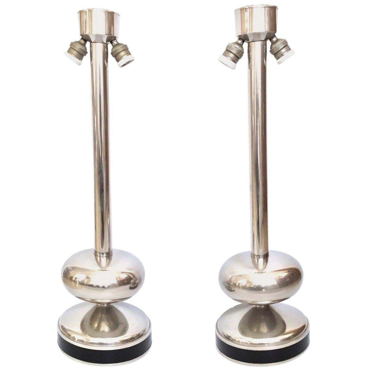 Pair Of Midcentury Chromed And Black Enamel Spanish Table Lamps, 1970s