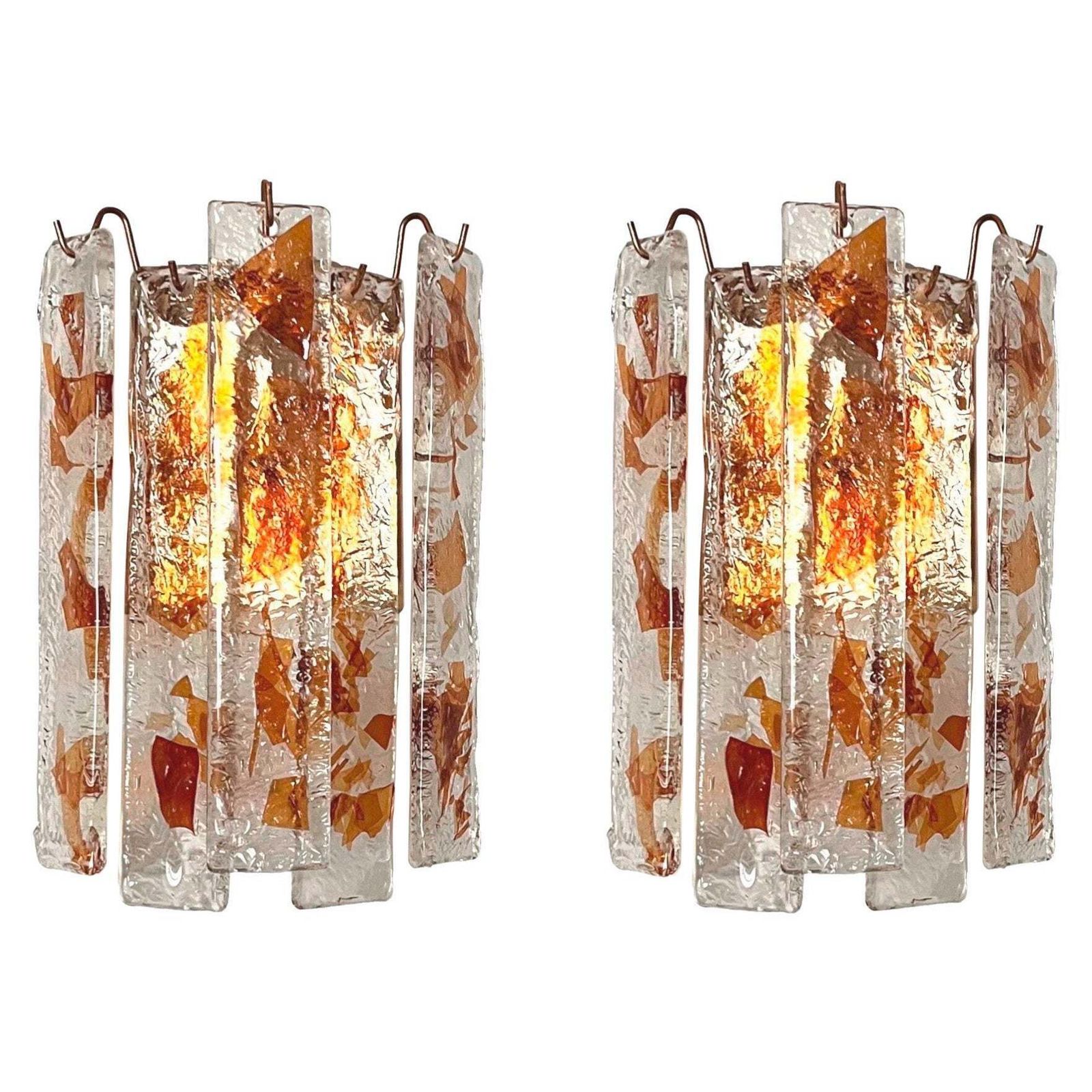 Pair Of Midcentury Italian Terrazzo Amber Murano Glass Wall Sconces, 1970s