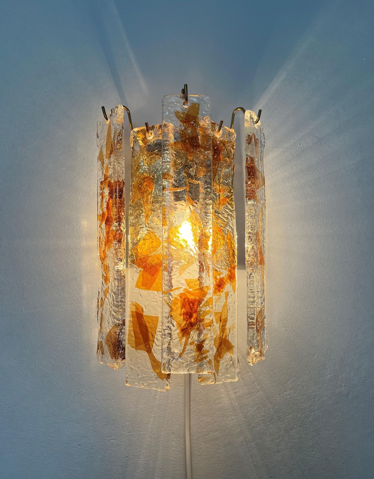 Pair Of Midcentury Italian Terrazzo Amber Murano Glass Wall Sconces, 1970s photo Lighting