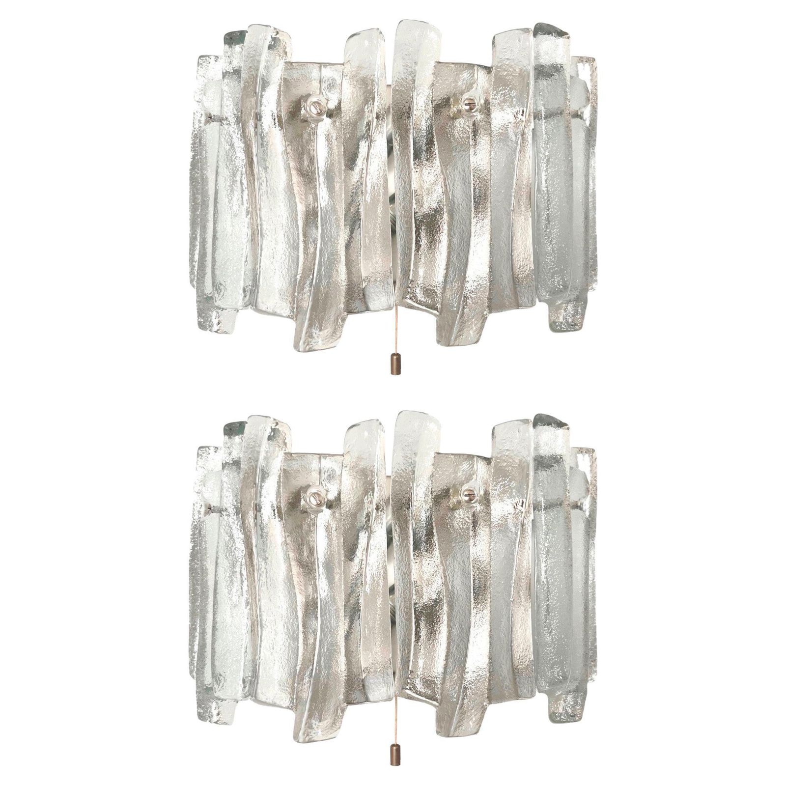 Austrian Midcentury Pair Of Ice Glass "Fuego" Wall Sconces By Kalmar, 1970s