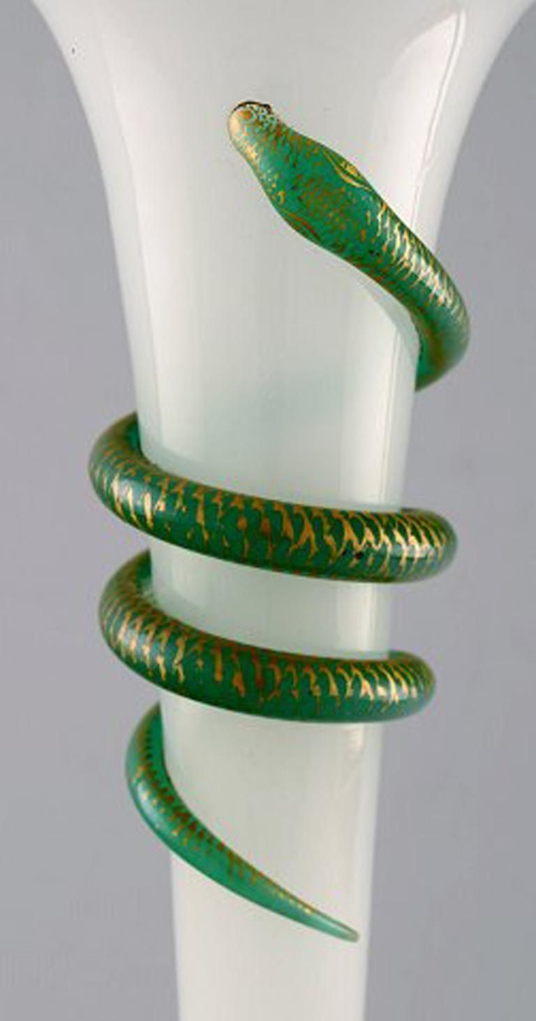 Large Art Nouveau Opaline Glass Vase With Green Snake photo 1170.0