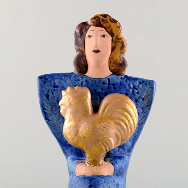 Very Rare Lisa Larson Unique Figure Of Sitting Woman In Blue With Golden Rooster photo furniture