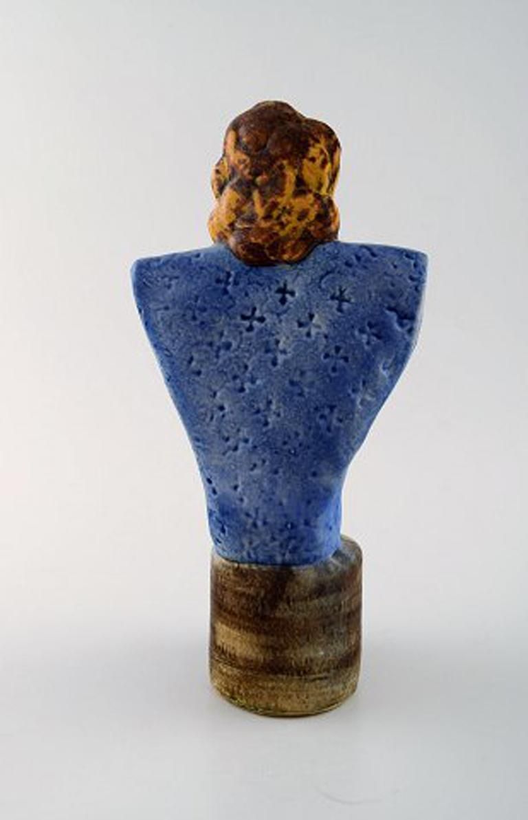 Very Rare Lisa Larson Unique Figure Of Sitting Woman In Blue With Golden Rooster photo vinterior