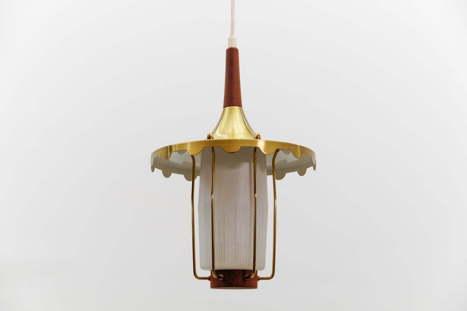 Lovely And Rare Scandinavian Teak, Opaline Glass And Brass Lamp, 1960s photo vinterior
