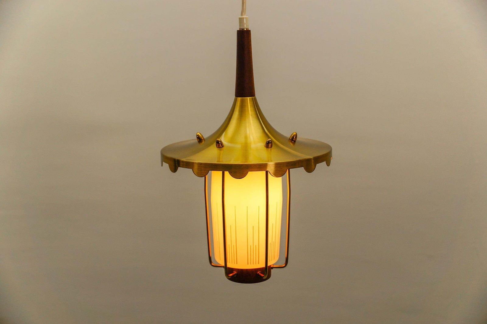 photo for sale Lovely And Rare Scandinavian Teak, Opaline Glass And Brass Lamp, 1960s