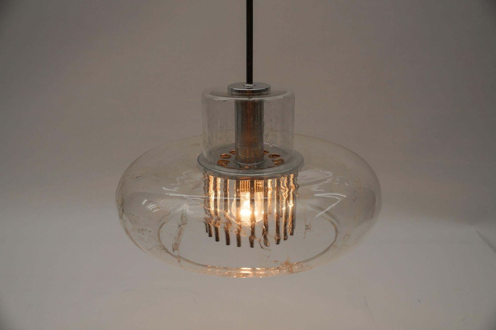photo for sale Mid Century Modern Chrome & Glass Pendant Lamp By Doria, 1960s Germany