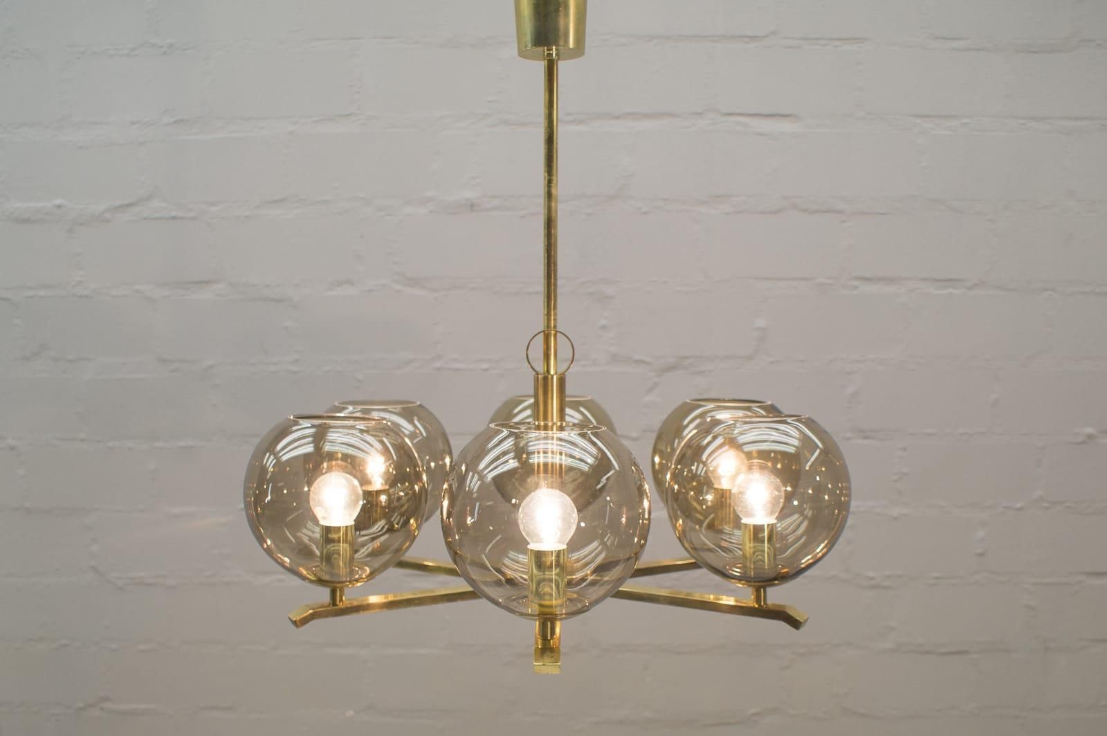 Elegant 1960s Brass Ceiling Lamp With 8 Smoked Glass Globes, Germany photo Lighting