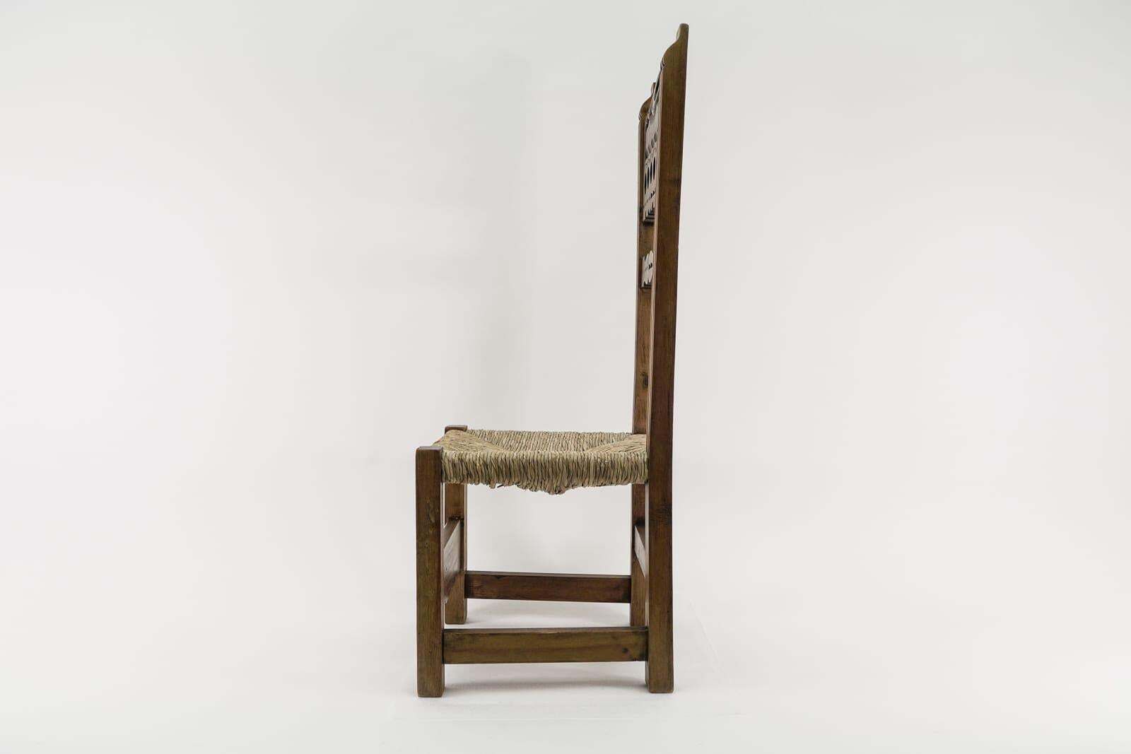 Great Hand Carved Wooden High Back Chair With Sea Grass Seat From Spain, 1960s photo vinterior