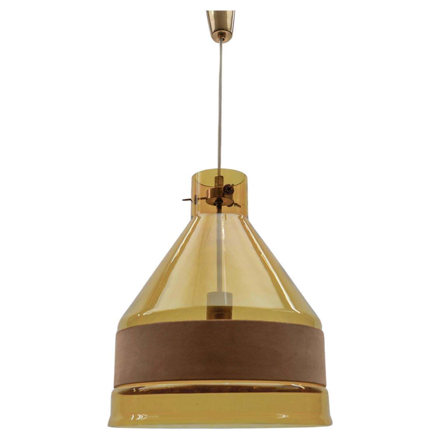 Huge J.T. Kalmar Yellow Tinted Glass Pendant Lamp With Leather, Austria 1970s