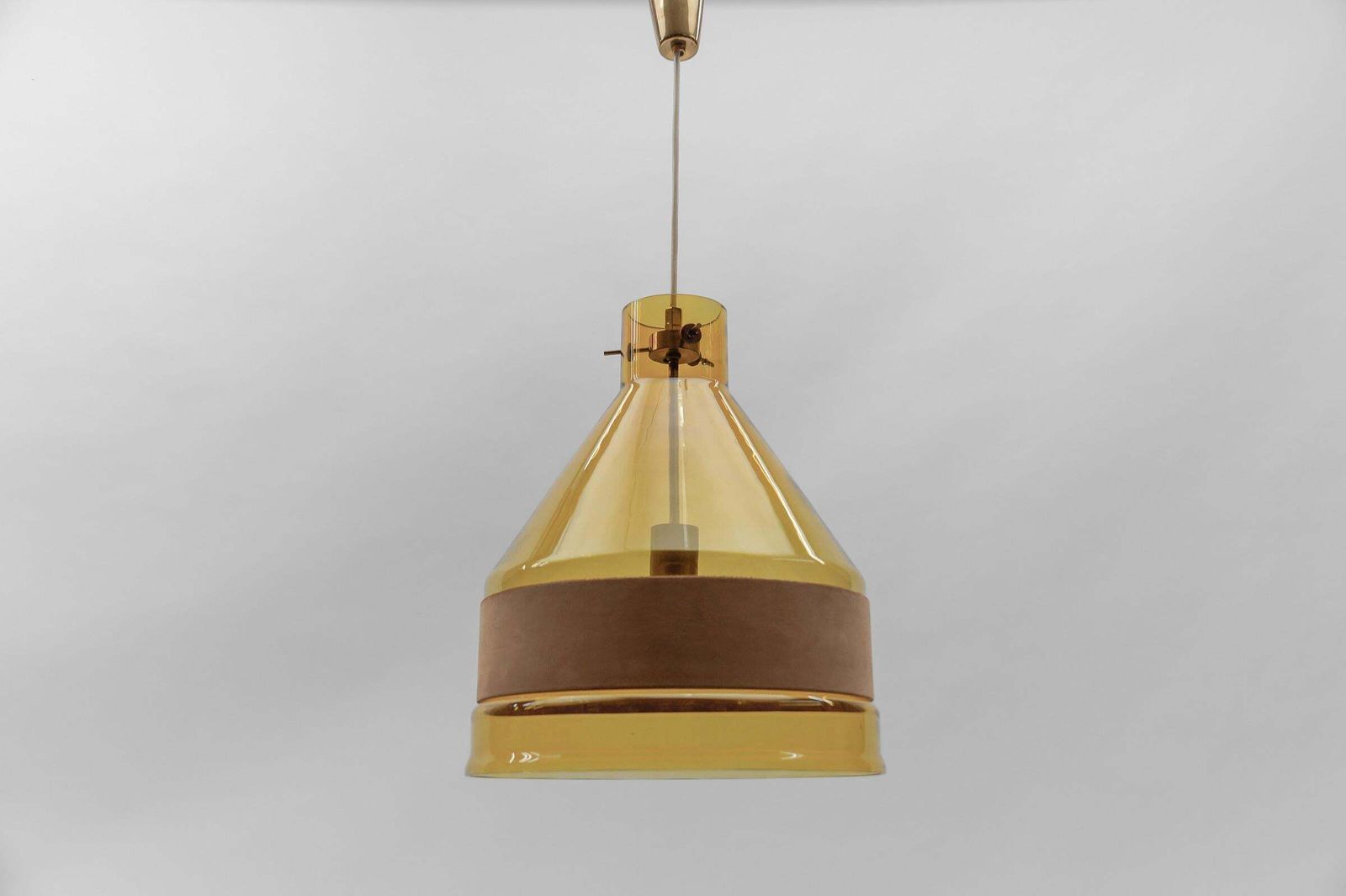 Huge J.T. Kalmar Yellow Tinted Glass Pendant Lamp With Leather, Austria 1970s photo furniture
