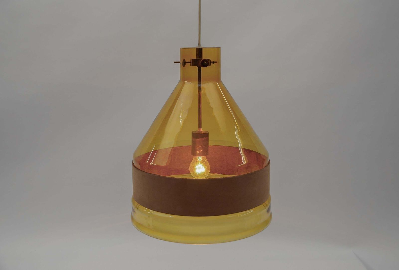 Huge J.T. Kalmar Yellow Tinted Glass Pendant Lamp With Leather, Austria 1970s photo 1062.0