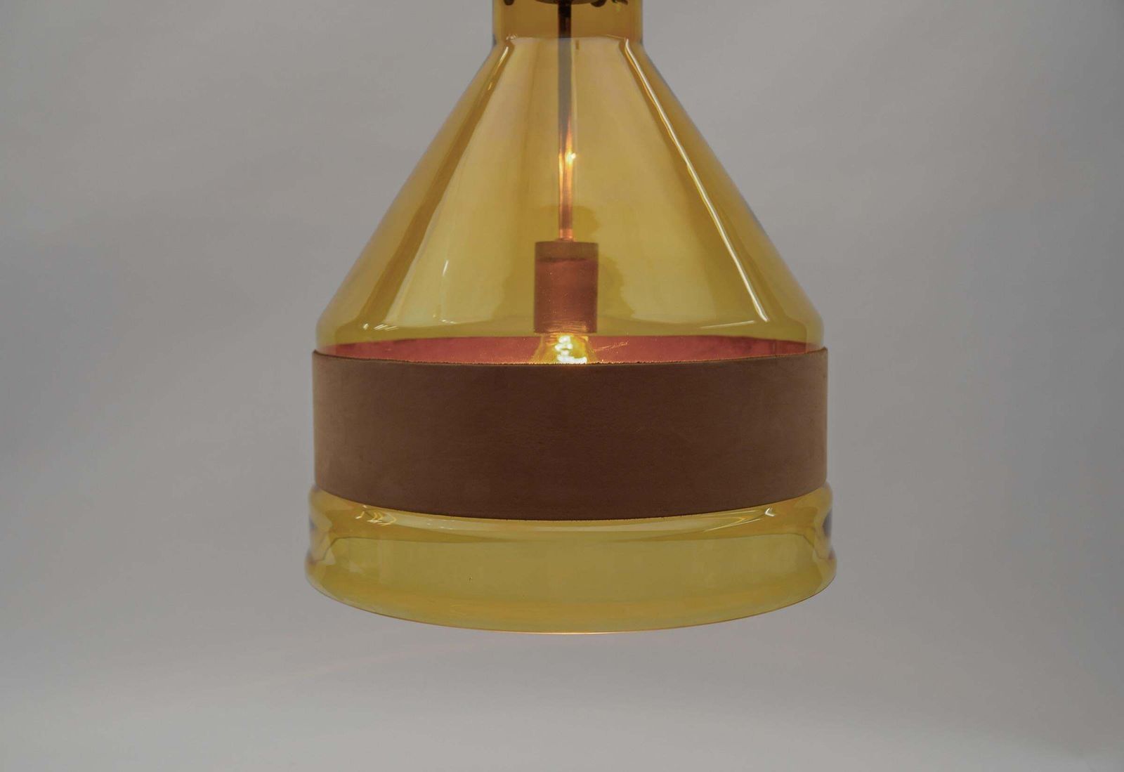 Lighting Huge J.T. Kalmar Yellow Tinted Glass Pendant Lamp With Leather, Austria 1970s photo