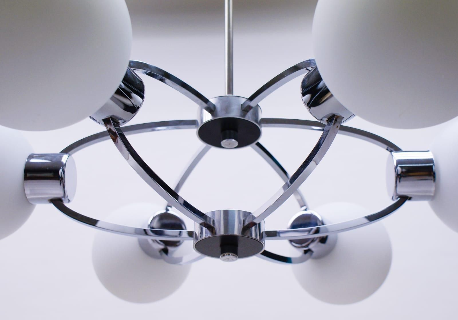 Elegant 1960s Chrome Ceiling Lamp With 6 Opaline Glass Globes photo furniture