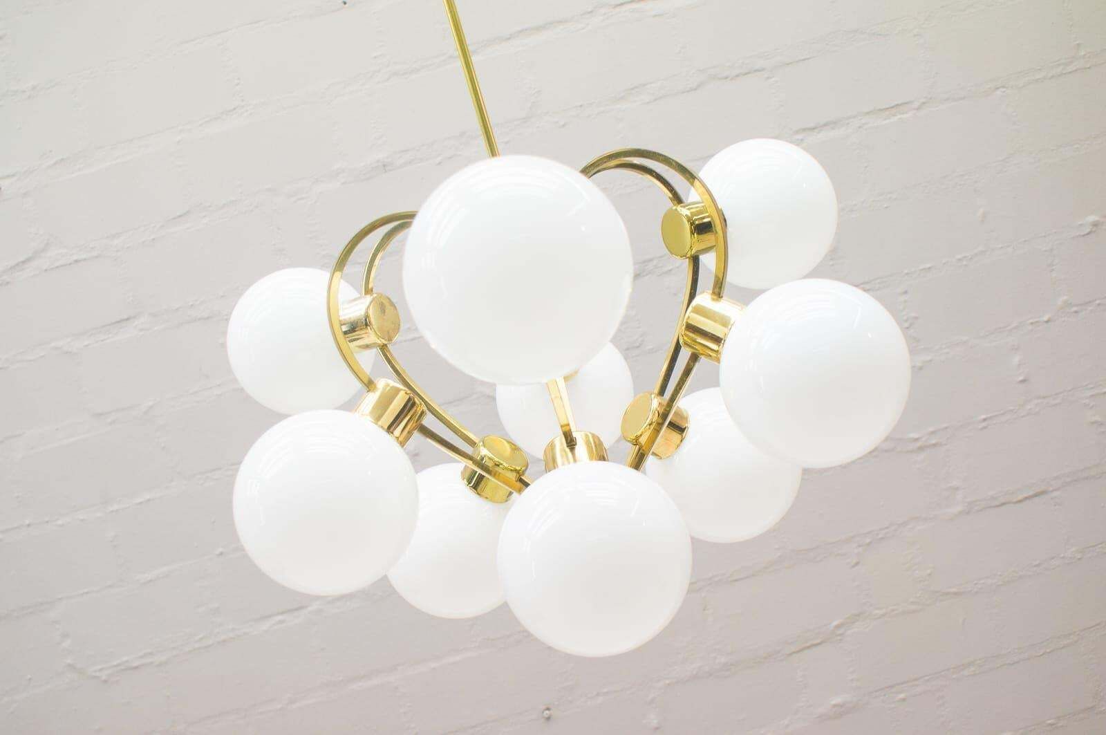Elegant 1960s Brass Ceiling Lamp With 9 Opaline Glass Globes photo Lighting