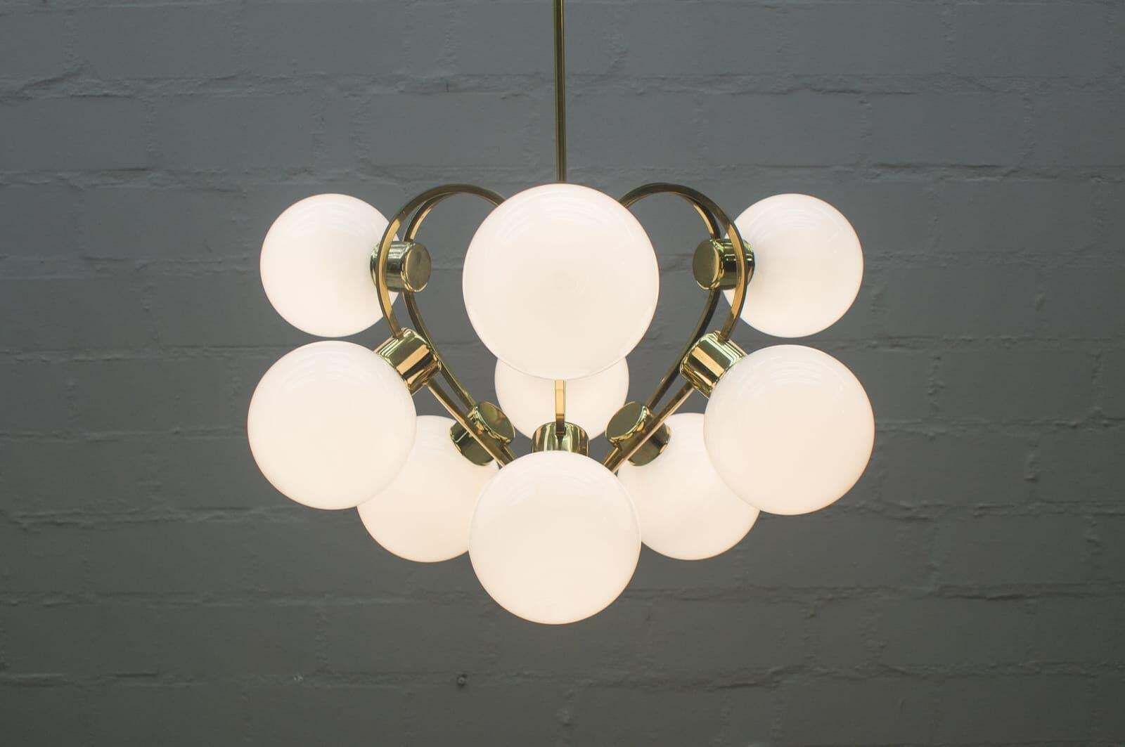 Elegant 1960s Brass Ceiling Lamp With 9 Opaline Glass Globes photo 1062.0