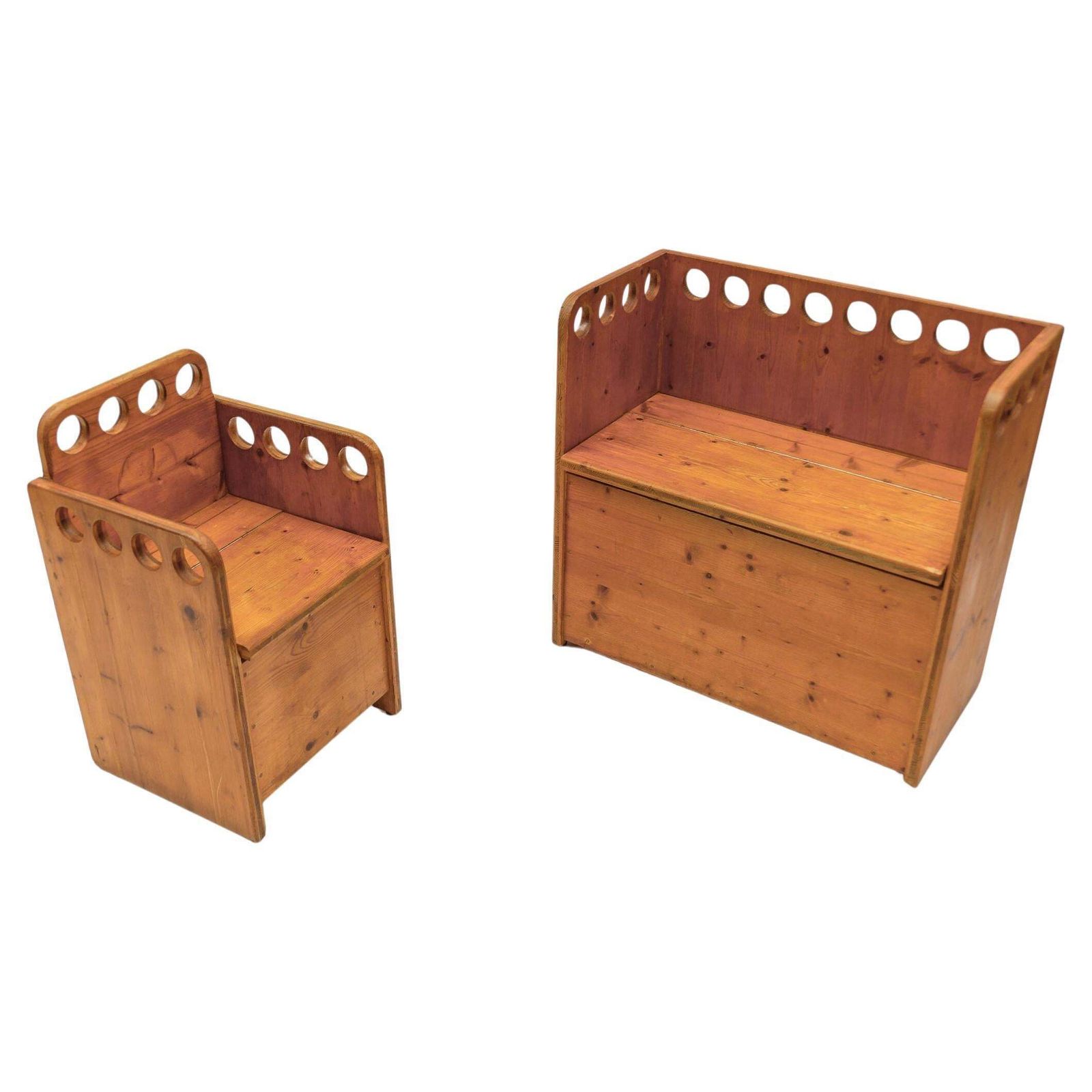 Awesome And Rare Scandinavian Pine Wood Childs Set   Chair And Bench, 1960s