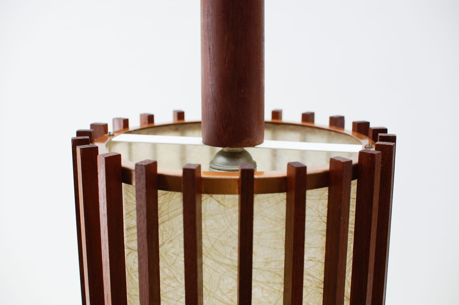 photo for sale Pair Of Scandinavian Mid Century Modern Ceiling Lamps In Teak Wood And Copper